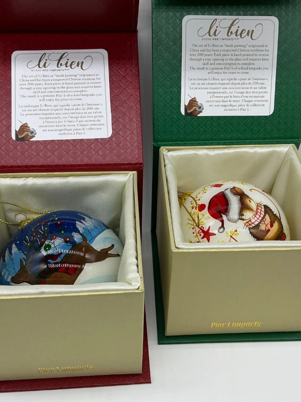 Pier 1 Li Bien Festive mouse and leaping reindeer Christmas ornaments